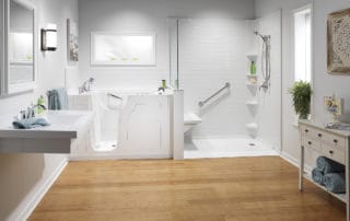 White Subway Sim Tile White WIT and Low Bar Shower Base White Bench Seat Tower CH 0475